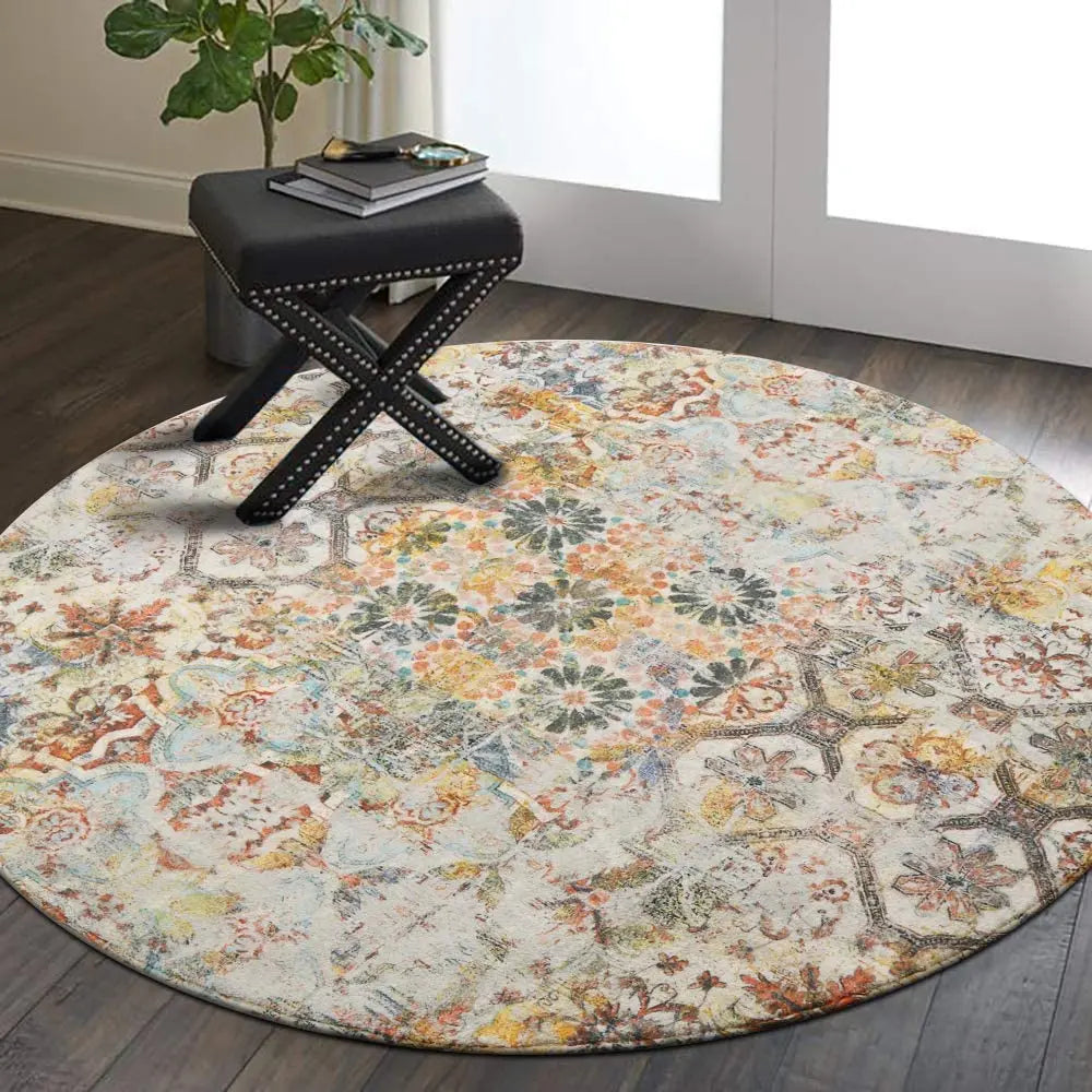 Washable Moroccan Trellis Round Rug - Vintage Anti-Slip Carpet