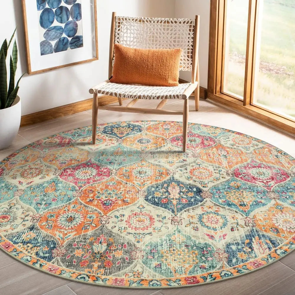 Washable Moroccan Trellis Round Rug - Vintage Anti-Slip Carpet