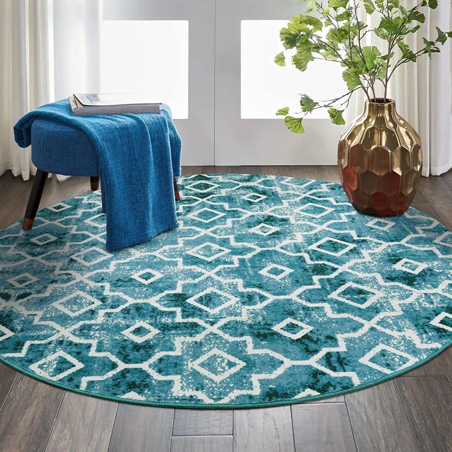 Washable Moroccan Trellis Round Rug - Vintage Anti-Slip Carpet